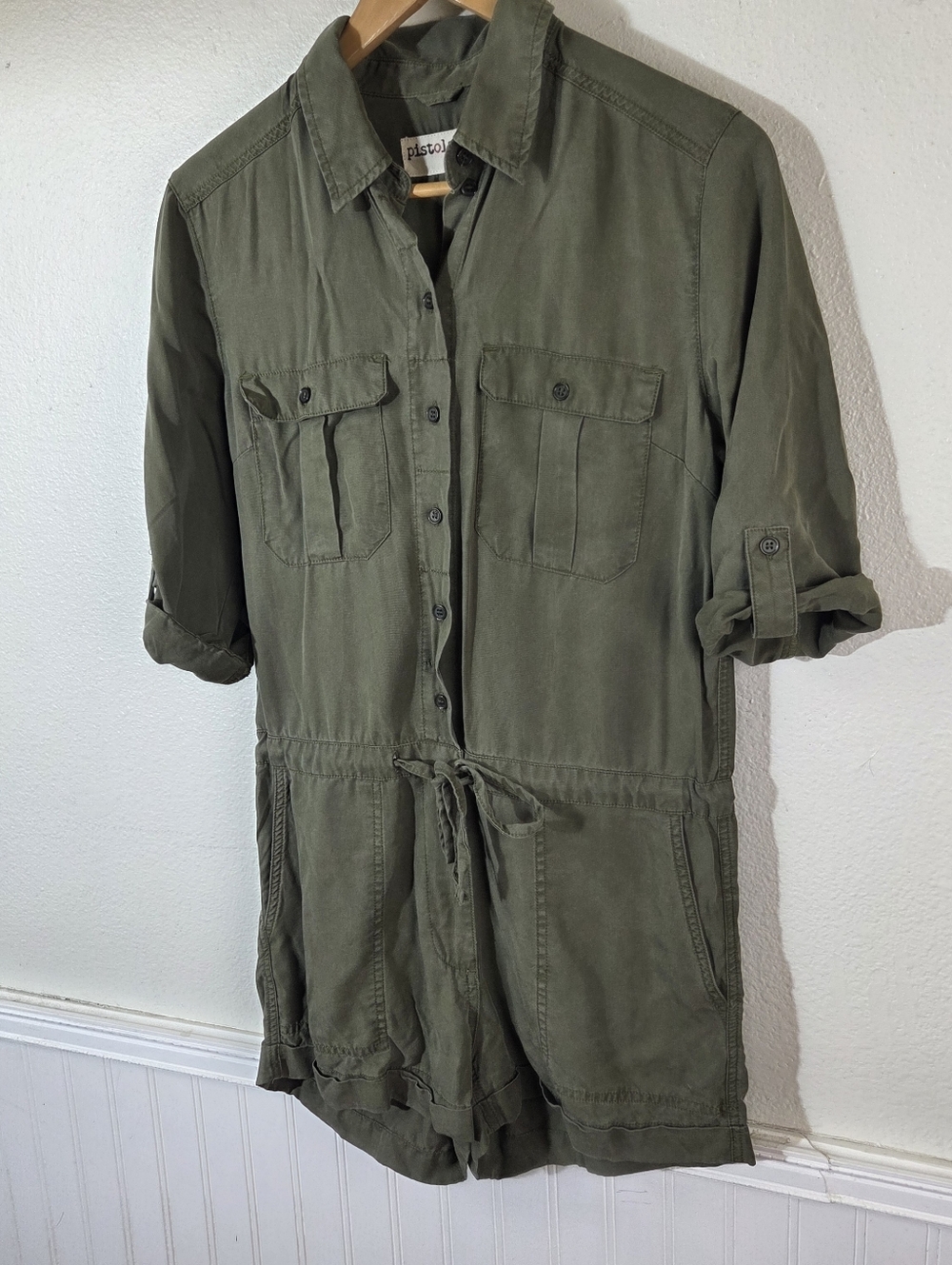 Pistola Olive Green Tencel Utility Romper Womens Small Button Front Drawstring - Picture 2 of 15